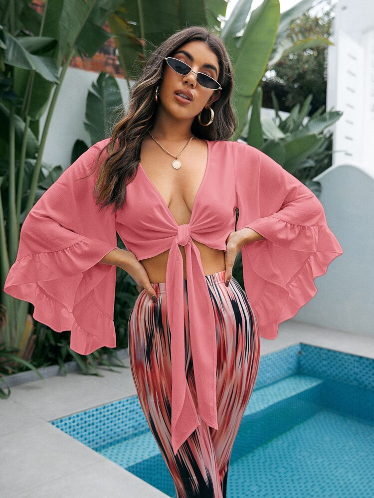 SHEIN VCAY Ruffle Trim Flounce Sleeve Knot Front Crop Top | SHEIN