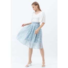 Flower Shadow Organza Pleated Skirt in Blue | Chicwish