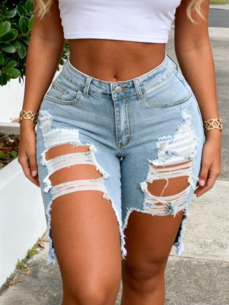 Washed Distressed Straight Leg Denim Shorts, Made Of Stretchy Fabric, Comfortable For Daily Wear, Fashionable And Stylish | SHEIN