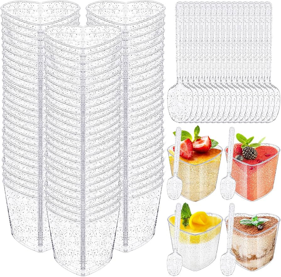 100 Pack 5 oz Plastic Glitter Dessert Cups with Spoons Heart Shaped Appetizer Fruit Cups Small Se... | Amazon (US)