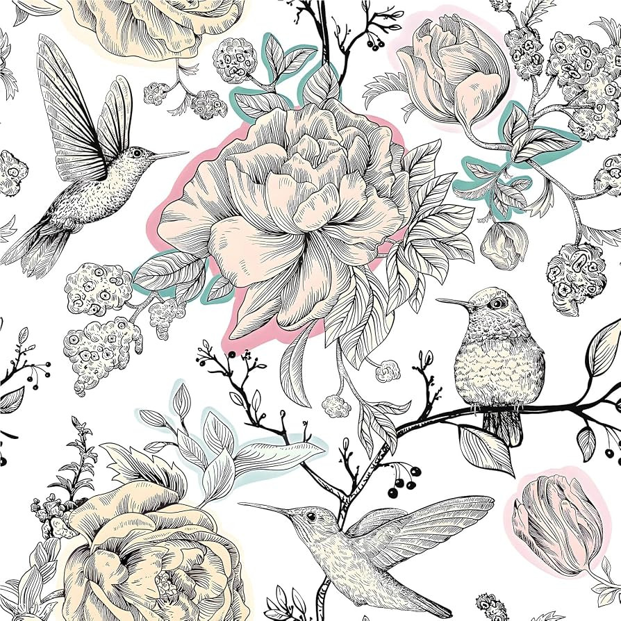 Vintage Floral Wallpaper Peel and Stick Wallpaper Flowers Hummingbirds Removable Wallpaper Floral... | Amazon (US)