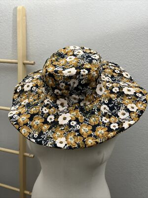 Anthropologie Corduroy Floral Print Bucket Hat Wide Brim Sun Boho Navy Mix | eBay US