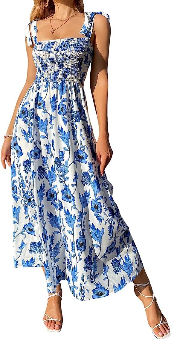 MakeMeChic Women's Summer Boho Dress Floral Print Spaghetti Strap Square Neck Shirred Maxi Dress ... | Amazon (US)