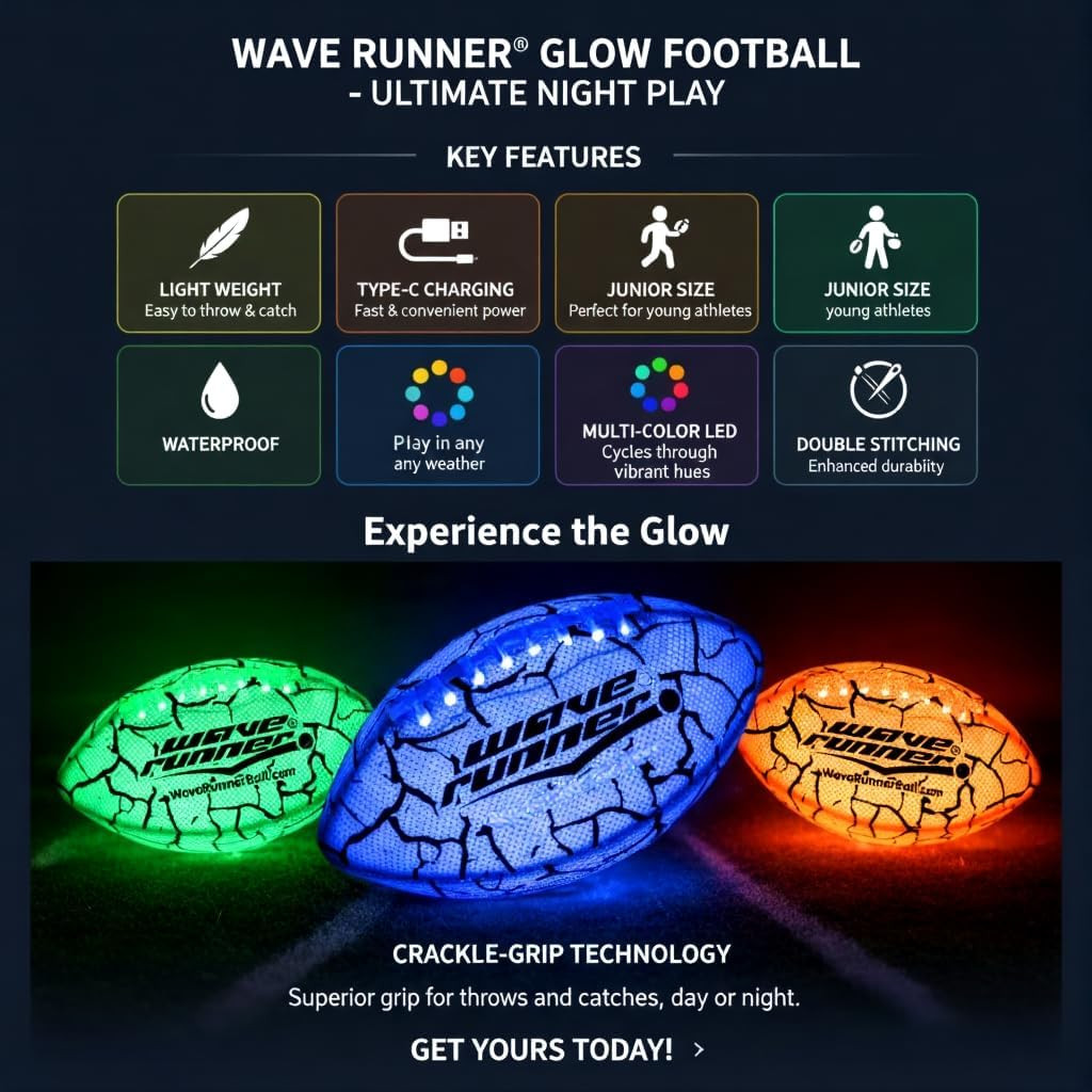 Wave Runner Glow in The Dark LED Football - Junior Size Waterproof Light Up Football, Type-C Rech... | Amazon (US)
