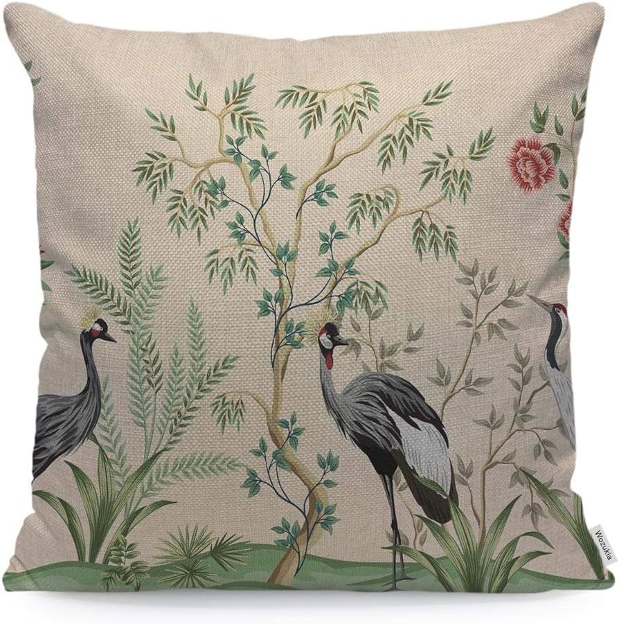 Wozukia Crane Bird Throw Pillow Covers Vintage Garden Tree Pomegranate Tree Plant Floral Border P... | Amazon (US)