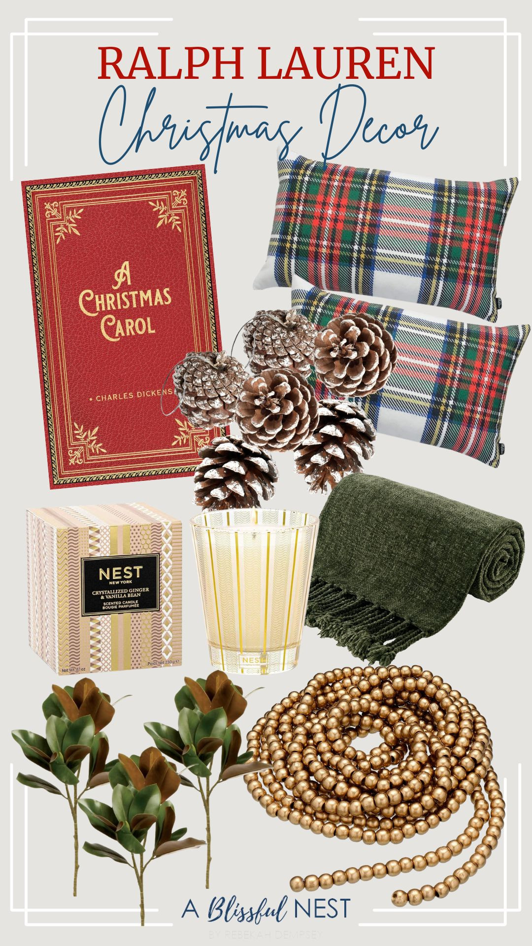 Elevate your holiday style with rich colors and classic details. Shop the look now.
scented classic candles, Christmas wood bead garland, Christmas pine cones, olive green throw blanket, decorative throw pillow, grand magnolia leaf, decorative book 

 #LTKHoliday #LTKSeasonal #LTKHome
