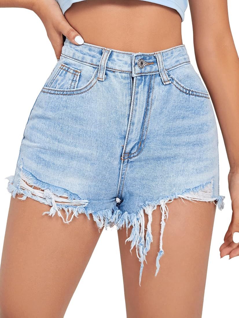 SweatyRocks Women's High Waist Denim Shorts Ripped Raw Hem Jean Shorts Casual Summer Hot Pants wi... | Amazon (US)