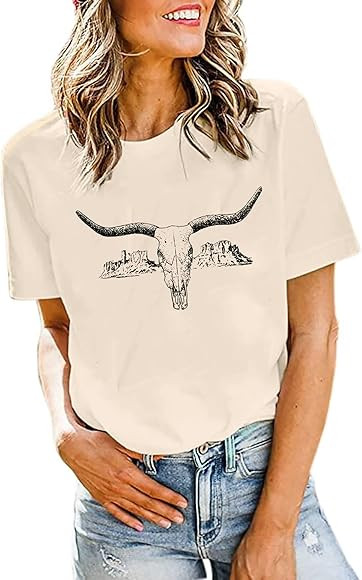 Western Cow Skull Shirt Women Funny Country Music Graphic Tees Vintage Rodeo Short Sleeve Casual ... | Amazon (US)