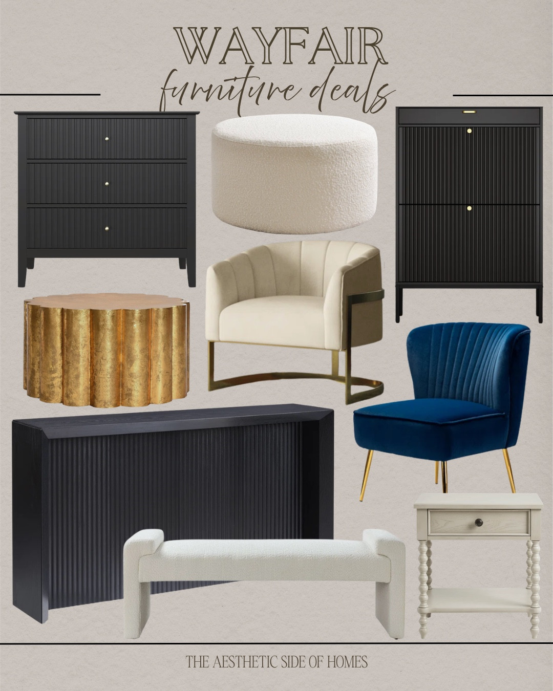 Wayfair furniture deals include accent chairs, side table, coffee table, bench, entryway table, ottoman.

Furniture deals, deal alert, sale alert, home sales, home deals

#LTKHome #LTKSaleAlert #LTKSeasonal