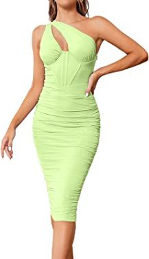 KUTUMAI Women's Elegant One Shoulder Cutout Bodycon Corset Dress Ruched Mesh Party Club Midi Dres... | Amazon (US)