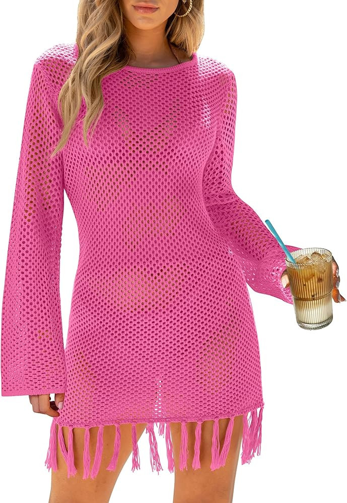 ANRABESS Women Swimsuit Crochet Cover Up Summer 2024 Swim Bathing Suit Swimwear Mesh Knit Tassel ... | Amazon (US)