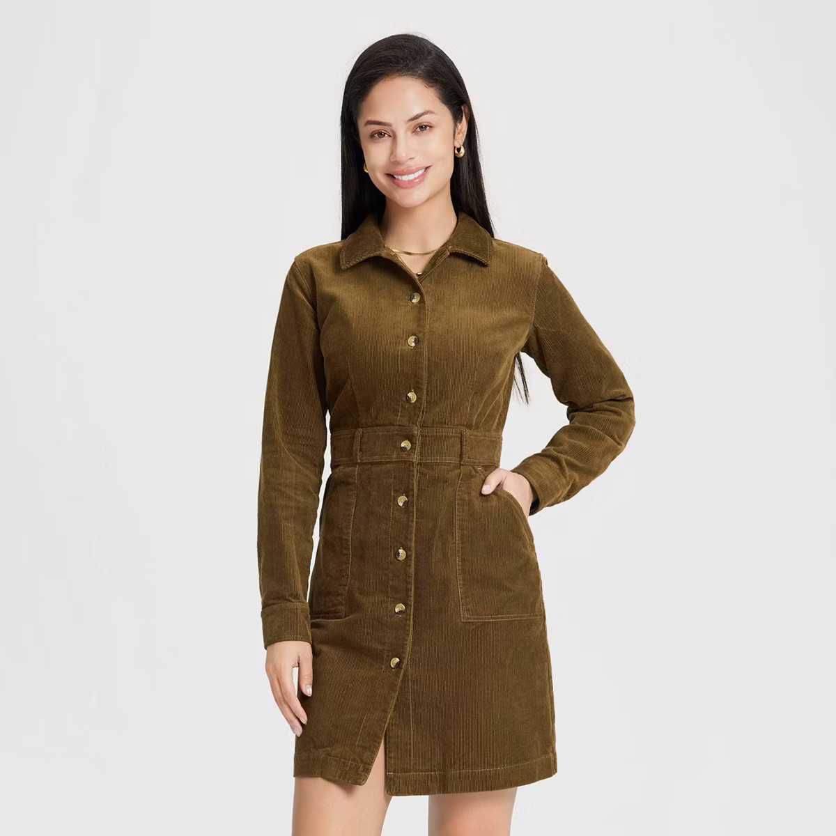 Women's Long Sleeve Corduroy Mini Shirtdress - Universal Thread™ Olive Green S | Target
