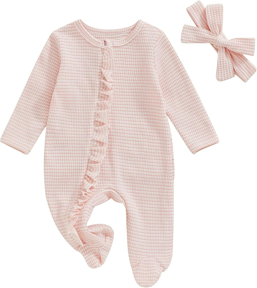 ZAXARRA Newborn Baby Girl Coming Home Outfit Solid Color Ruffle Long Sleeve Footies Romper Infant... | Amazon (US)