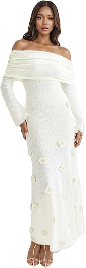 LETSVDO Women's Off The Shoulder Crochet Maxi Dress Long Sleeve Bodycon 3D Floral Knit Mesh Sweat... | Amazon (US)