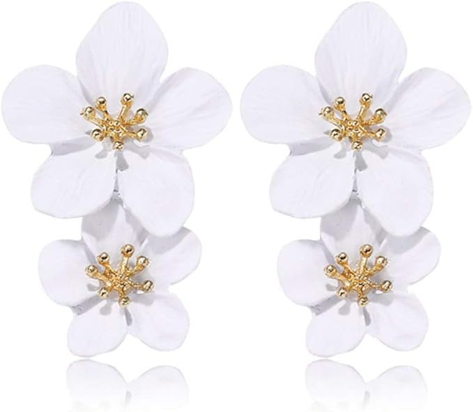 D.Rosse Large Metal Double Flower Matt Earring Chic Statement Dangle Drop Wedding Earrings For Wo... | Amazon (US)