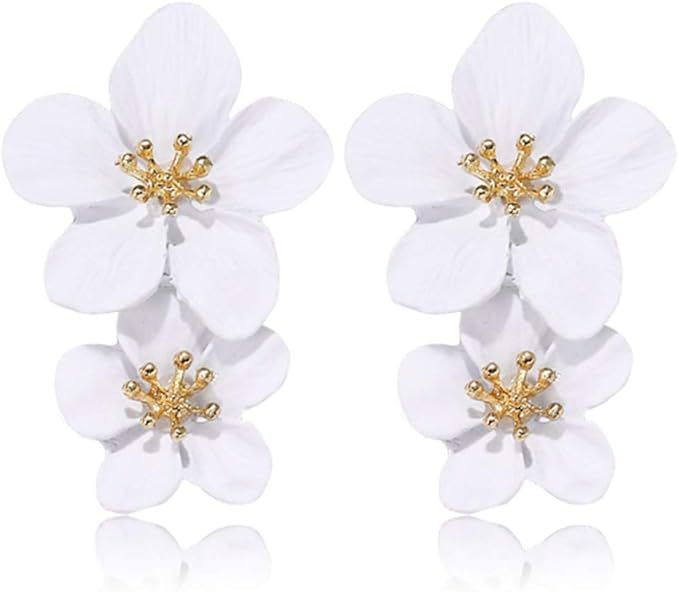 D.Rosse Large Metal Double Flower Matt Earring Chic Statement Dangle Drop Wedding Earrings For Wo... | Amazon (US)