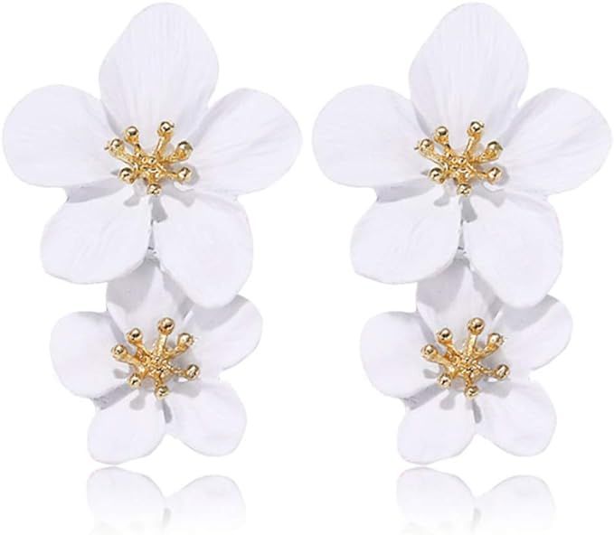 D.Rosse Large Metal Double Flower Matt Earring Chic Statement Dangle Drop Wedding Earrings For Wo... | Amazon (US)