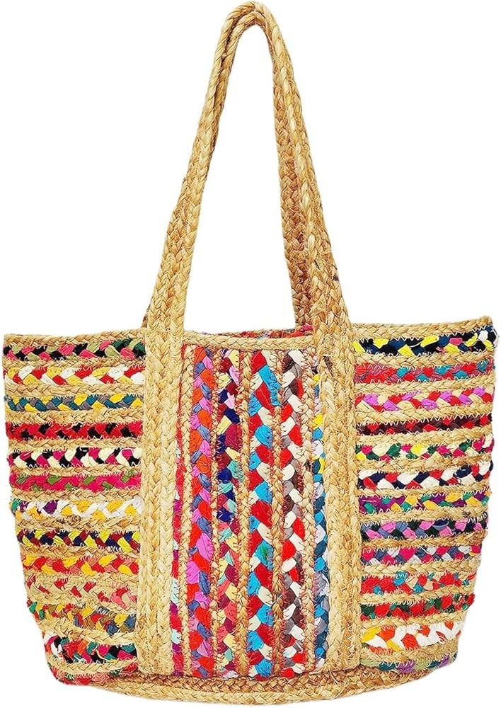 Rectangular Jute Handbag For Women - Chindi Cotton Handbag - Handmade Natural Beach Bag - Large S... | Amazon (US)