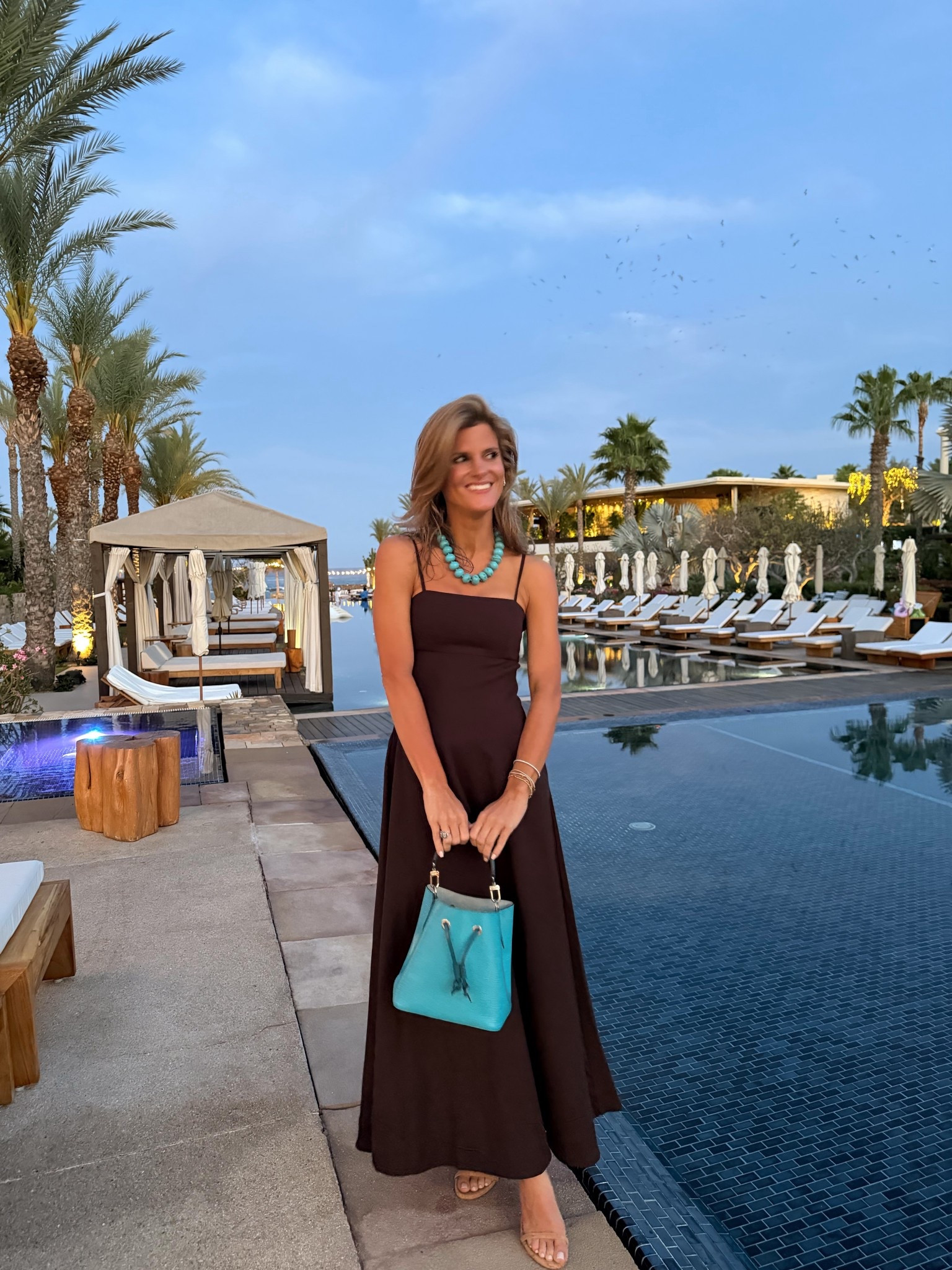 Line and dot brown dress (wearing XS). Under $200 FYI - dress has a little stretch but I’d say it runs pretty small. The fabric is high quality and super thick! 