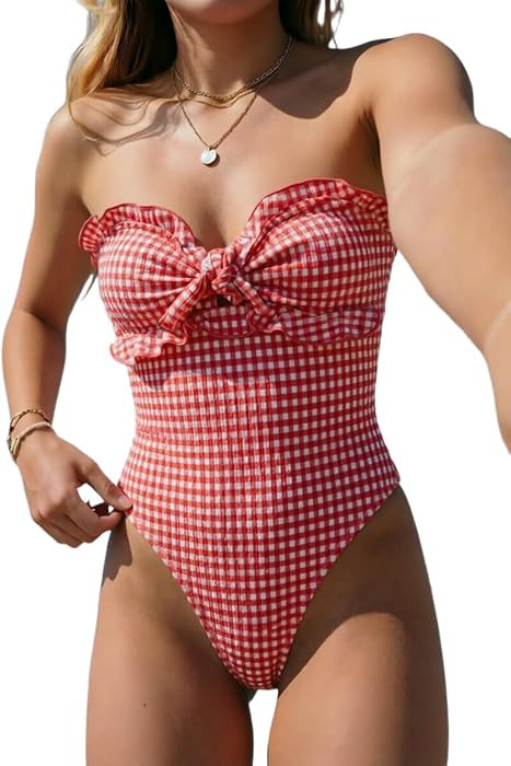 GORGLITTER Women's Cutout Tie Knot Bandeau One Piece Swimsuits Gingham Ruffle Trim Sleeveless Str... | Amazon (US)