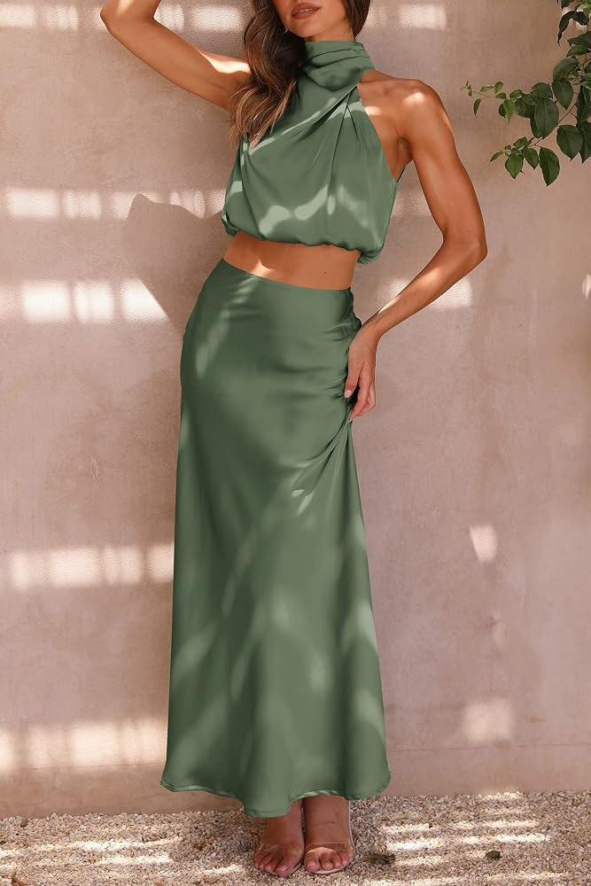 PRETTYGARDEN Women's 2 Piece Outfits Satin Skirt Set | Amazon (US)