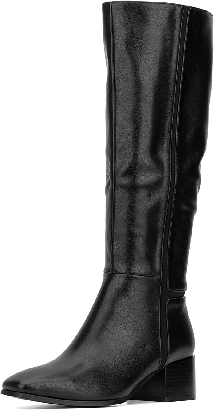 TORGEIS Women's Casual Fashion Mid Calf Knee High Faux Leather Boots w Side Zipper | Studded Buck... | Amazon (US)