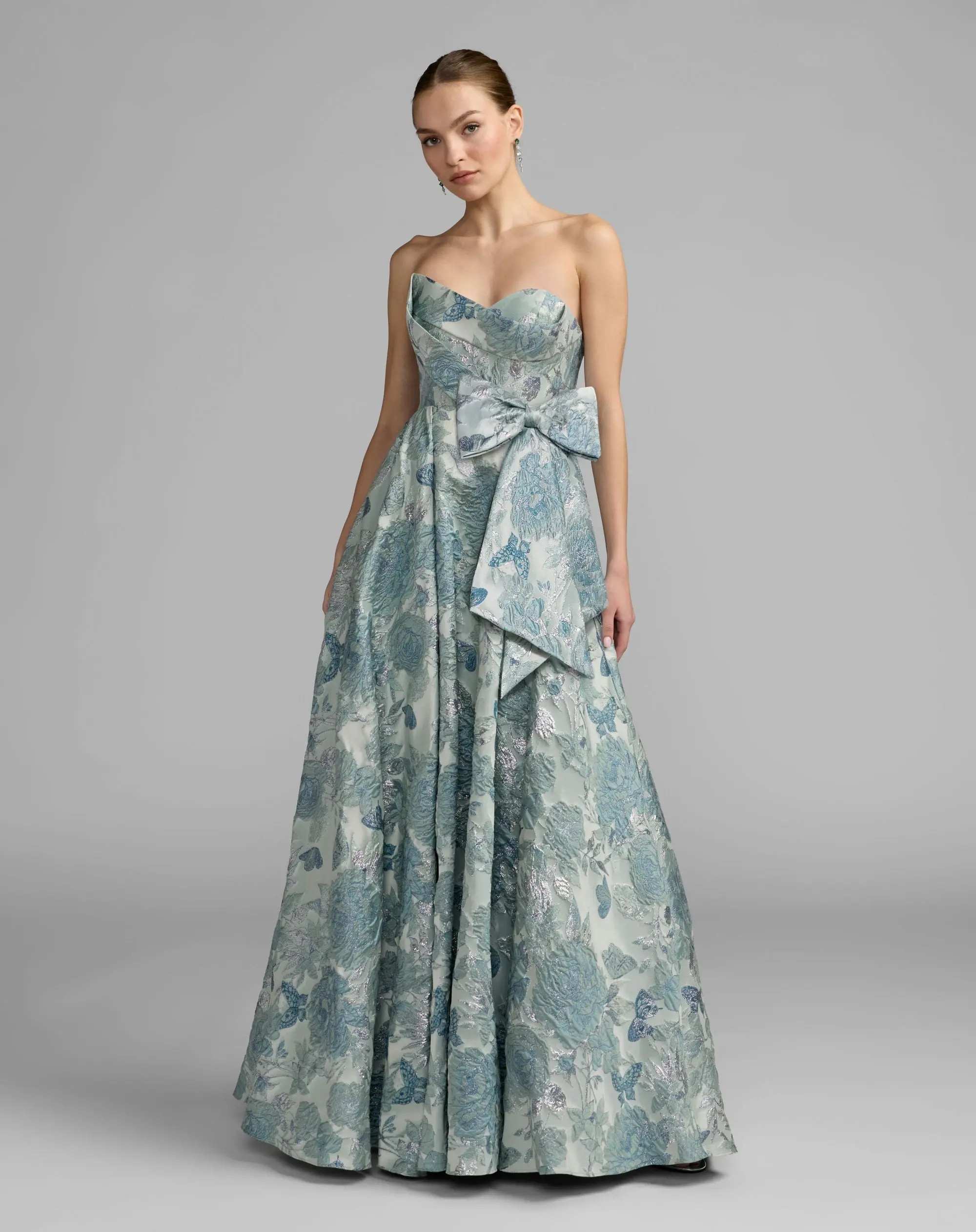 Mac Duggal - Blue Strapless Floral Brocade Ball Gown - Seafoam / US 10 | Mac Duggal