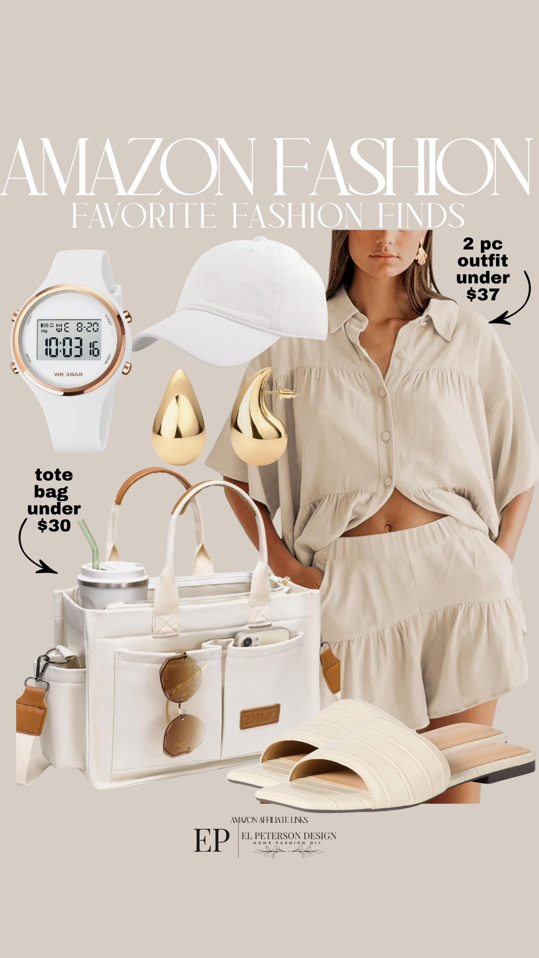 Amazon Fashion
2 on outfit
Tote bag
Watch
Cap
Earrings 
Sandals