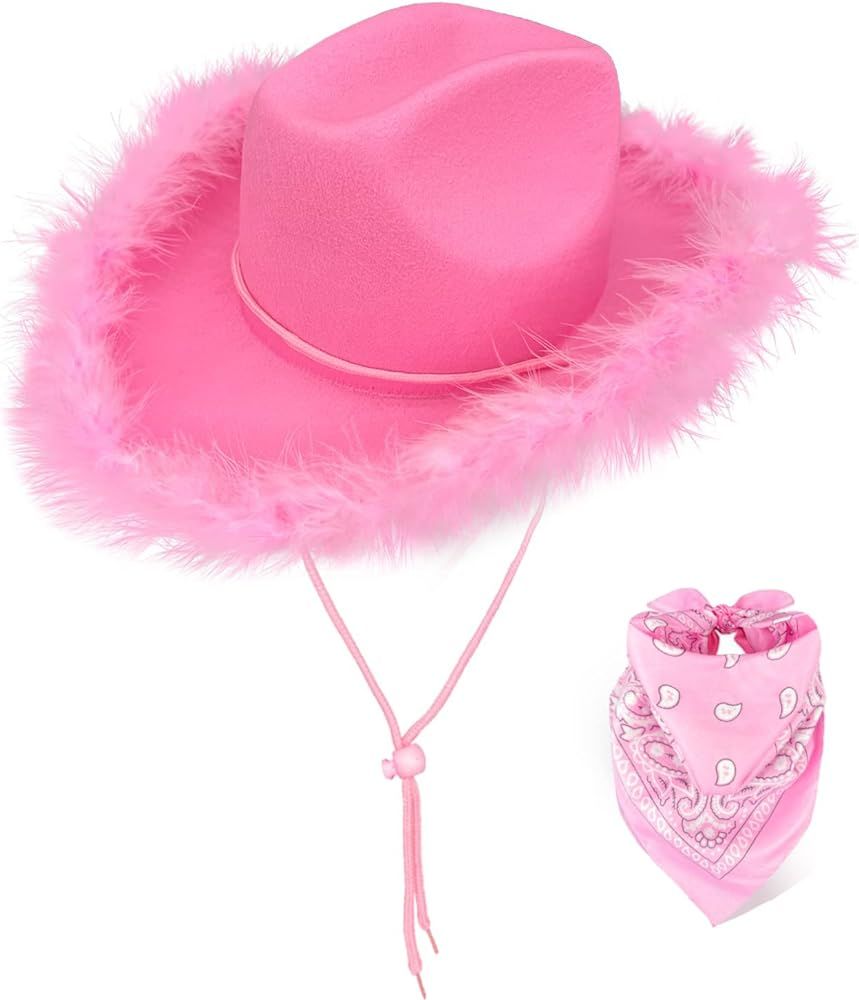 Amazon.com: Pink Cowboy Hat with Feather, Pink Feather Cowgirl Hat with Bandana, Cowgirl Hats Wom... | Amazon (US)