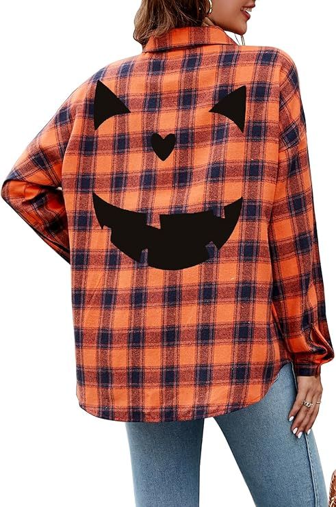 Halloween Shirt Women Pumpkin Face Shirt Funny Button Down Flannel Plaid Long Sleeve Tops Fall Cl... | Amazon (US)