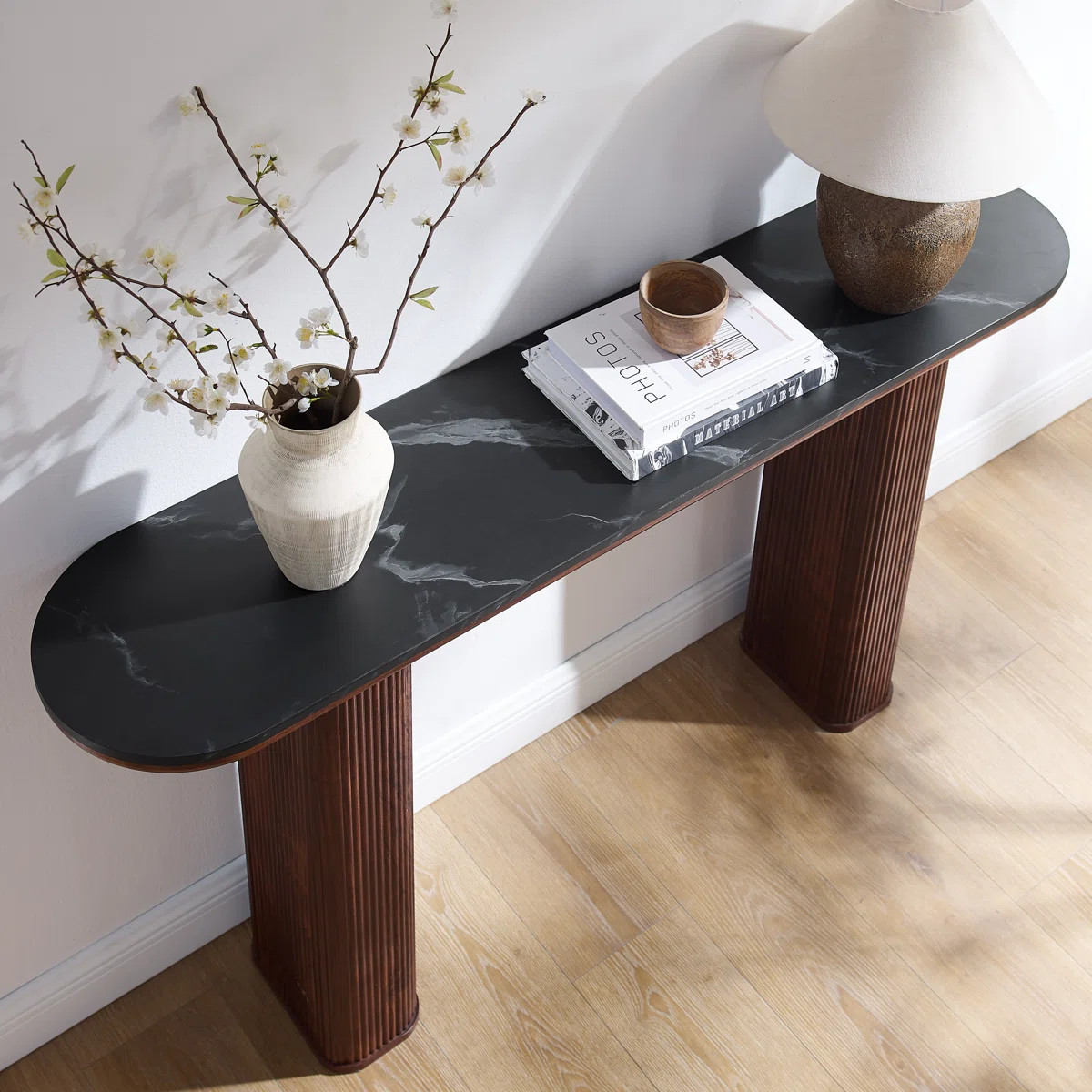 63 Inch Modern Console Table With Arc Faux Marble Texture Top, Fluted Wood Base, Contemporary Ent... | Wayfair North America