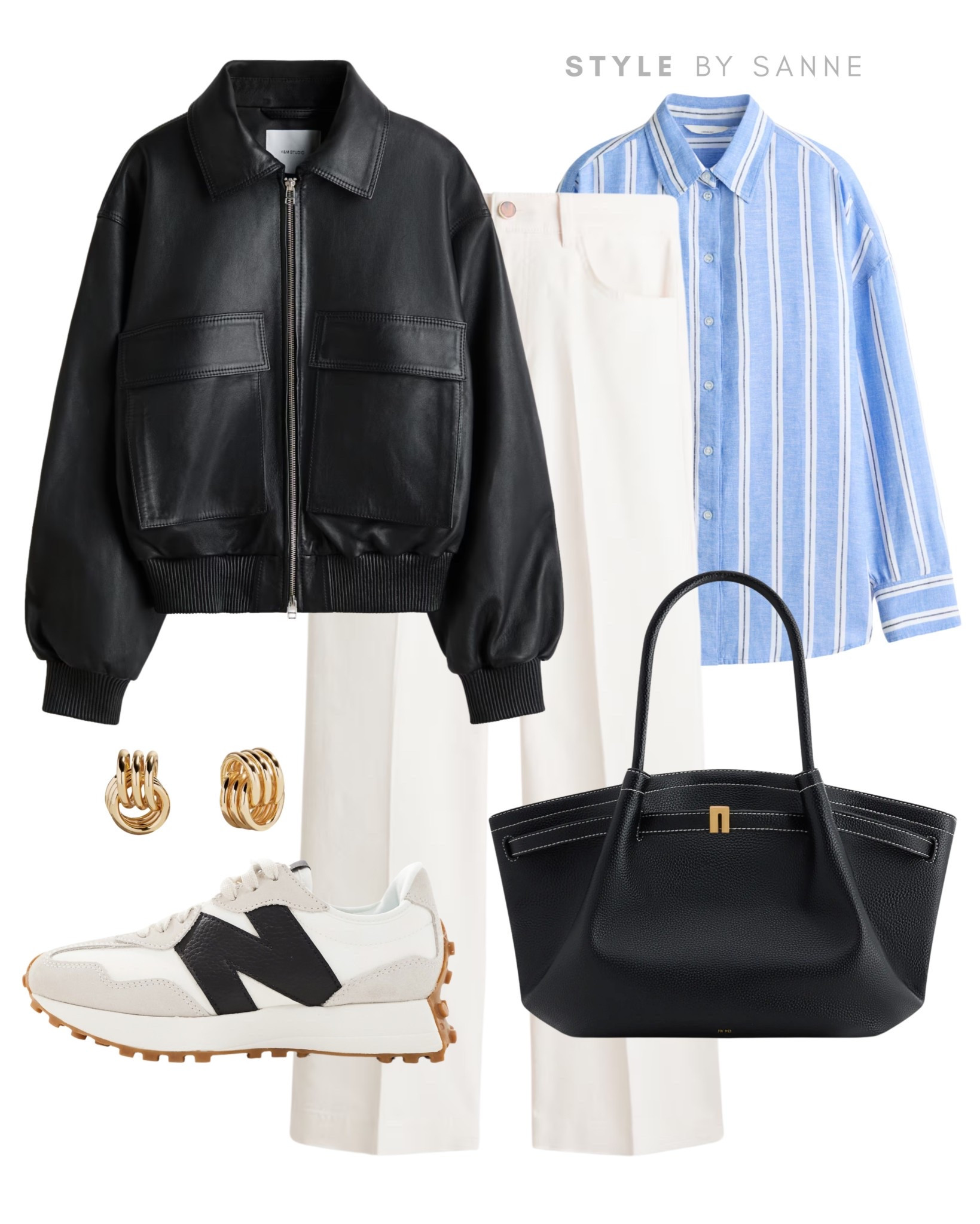 A black leather jacket paired with soft cream trousers and a blue striped shirt creates a clean contrast between edgy and classic. Finished with neutral sneakers, a structured bag and gold details for a polished everyday look.🖤

#LTKworkwear #LTKspring #LTKstyletip