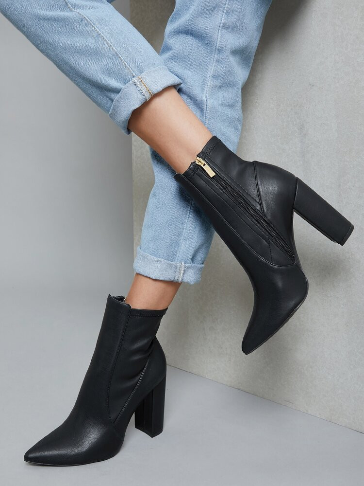 Pointed Toe Side Zip Chunky Heel Sock Booties | SHEIN