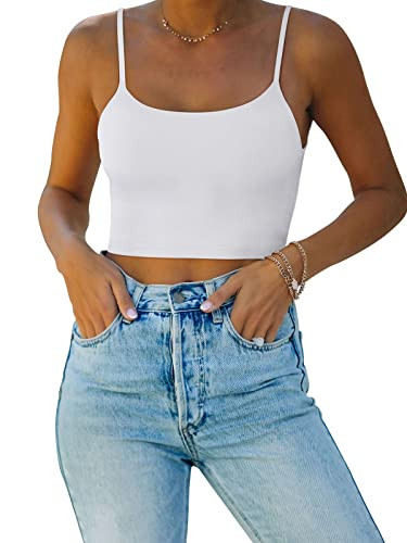REORIA Women's Summer Sexy Sleeveless Adjustable Spaghetti Strap Cami Camisole Basic Fitted Seamless Yoga Cropped Tank Cute Crop Tops White Medium | Amazon (US)