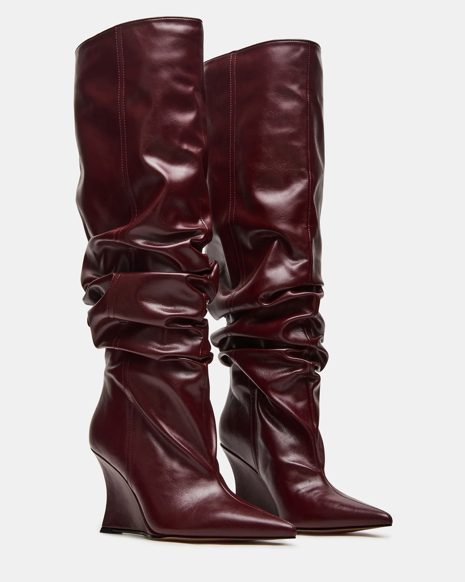 DISTORTION Burgundy Pointed-Toe Scrunched Knee-High Wedge Women's Boot | Steve Madden (US)