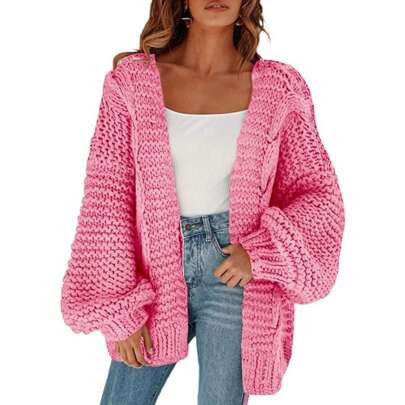 PiePieBuy Womens Chunky Cardigan Cable Knit Oversized Open Front Pink Cardigan Sweaters | SHEIN