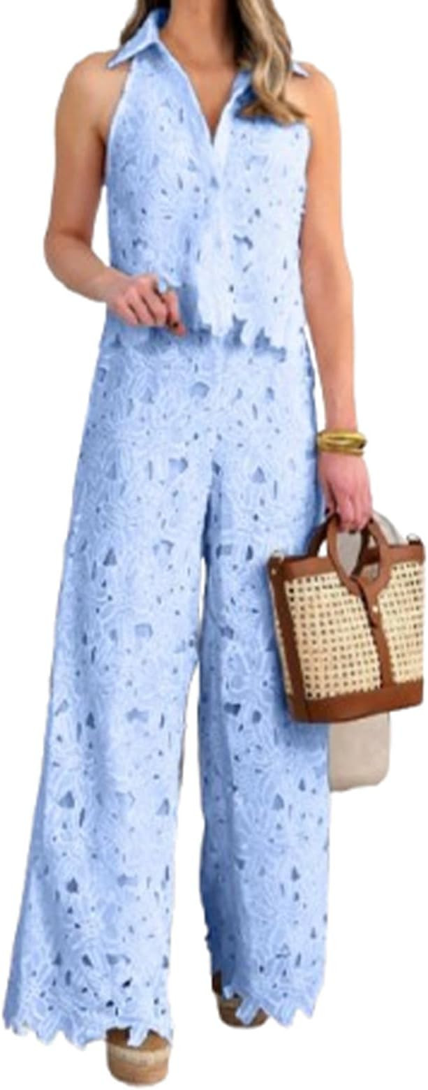 Womens 2 Piece Lace Outfits Floral Sleeveless Vest and Wide Leg Pants Set Cropped Top | Amazon (US)