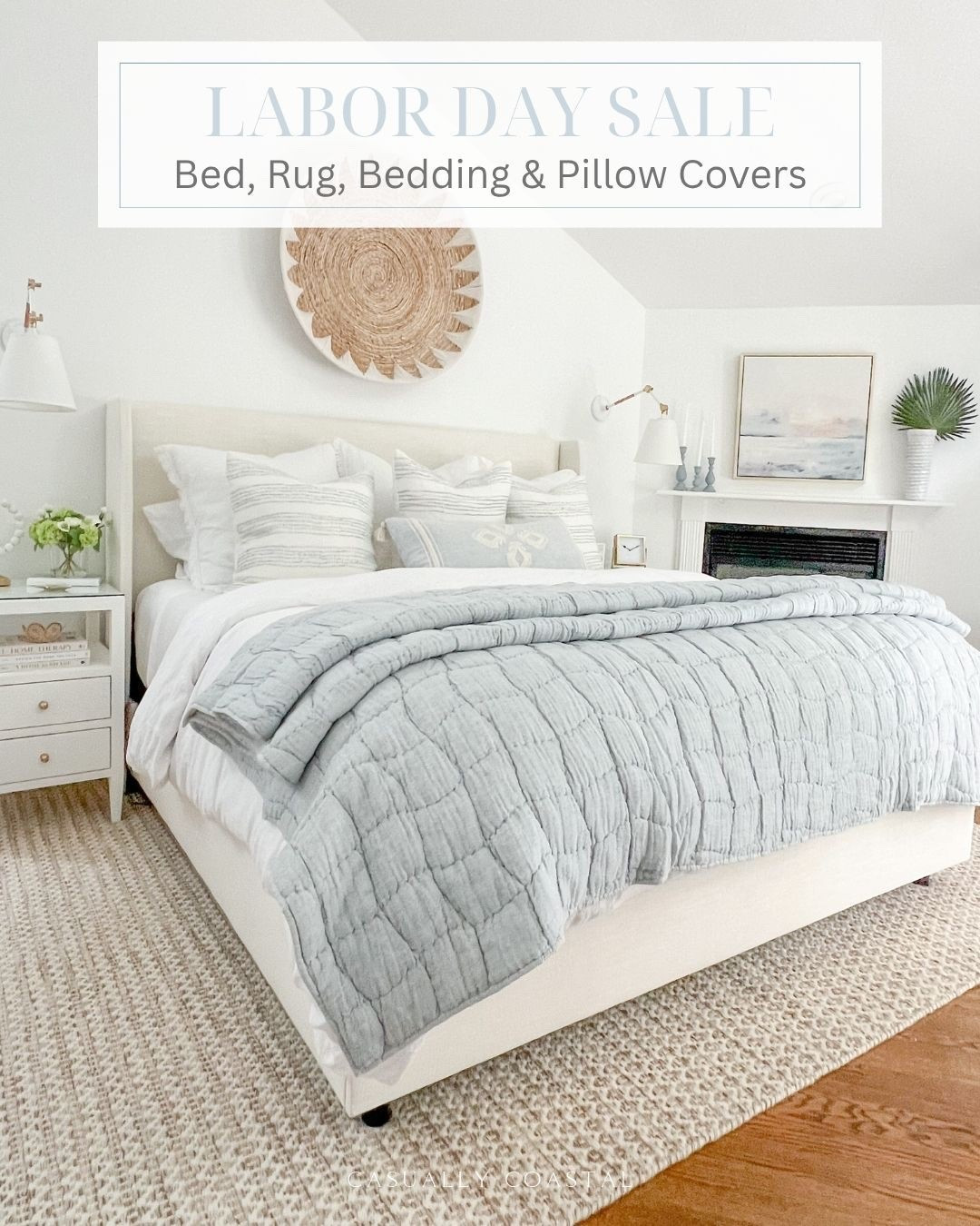 SO many pieces in my bedroom are on sale this Labor Day weekend, including my Tilly bed (fabric is Zuma White), chambray blue quilt, linen duvet cover, rug, pillow covers & more! My nightstand unfortunately skyrocketed in price after purchasing it, but I've linked several others that are much more reasonably priced.
- - 
coastal home decor, coastal bedroom ideas, coastal bedding, linen bedding, primary bedroom ideas, beach house bedrooms, pottery barn quilts, blue quilts, coastal quilts, pottery barn duvet covers, down comforters, blue & white pillows, serena & lily pillows, bedroom sconces, bedroom lighting, wall baskets, art for over bed, bedroom rugs, 8x10 rugs, 9x12 rugs, 10x14 rugs, neutral rugs, coastal artwork, beach artwork, coastal abstract artwork, ballard designs artwork, nightstand decor, white nightstands, white nightstands, wayfair nightstands, white beds, Tilly bed, wayfair beds, upholstered beds, king beds on sale, serena & lily sconces, white sheets, bedding ideas, comforters, wayfair rugs, pottery barn cloud quilt, blue quilts, coastal nightstand, labor day sales

#LTKHome #LTKSeasonal #LTKSaleAlert