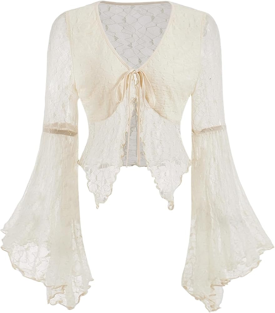 Verdusa Women's Lace Tops Tie Front Bell Long Sleeve Sheer Blouse Crop Tops | Amazon (US)