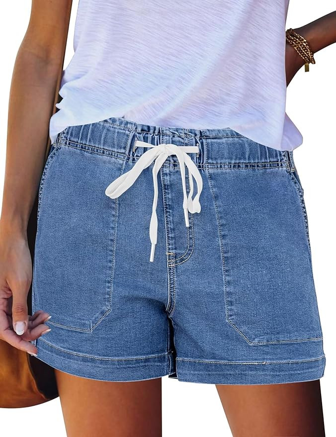 FEKOAFE Womens Stretchy Denim Shorts 2026 Summer Casual Drawstring Elastic Waist Jean Shorts with... | Amazon (US)