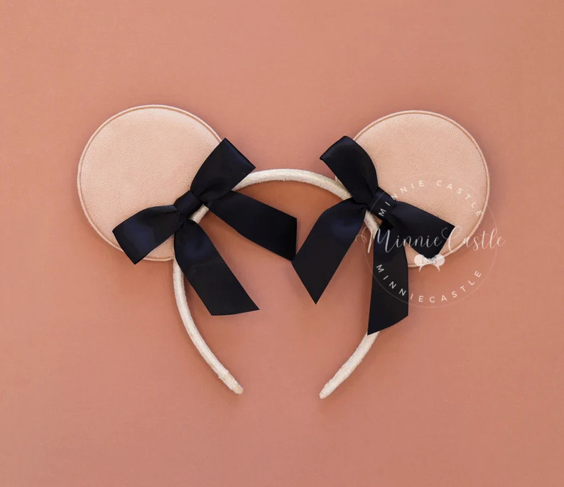 Beige Mickey Ears, Mickey Ears, Coquette Ribbon Bow Minnie Ears, Satin Bow Mouse Ears, Beige and ... | Etsy (US)