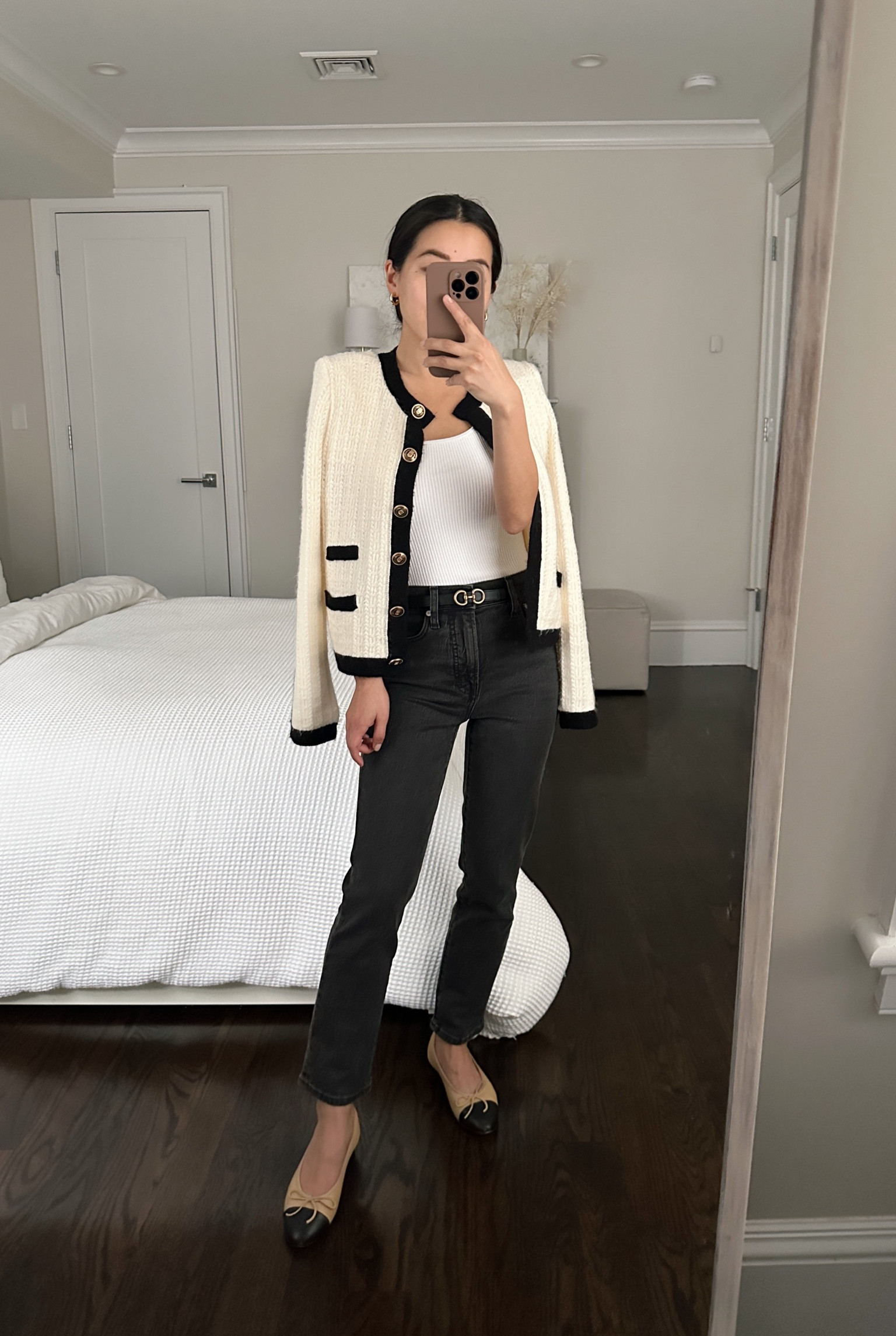business casual outfit with gray jeans // how to style ballet flats 

•Madewell Perfect Vintage jeans 23 petite (size down). The Same jeans in a wider straight cut are also on sale ! Linked below as well - size down in these also.
•Abercrombie square neck tee xxs - great quality, soft , thicker weight
•Express sweater jacket xs. Can’t stop reaching for this one! 
•Edited Pieces mini belt xxs coming very soon
•Chanel style ballet flats linked 

#petite #madewell

#LTKworkwear #LTKstyletip #LTKshoecrush