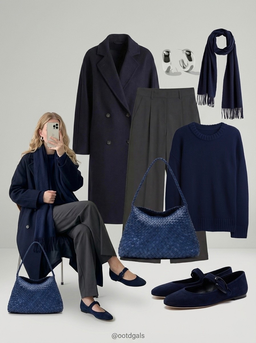 💙 Deep Navy Layers 💙

A rich navy knit sets a calm, polished base, paired with tailored charcoal trousers for a sleek silhouette. The long navy coat adds structure and depth, while the matching scarf brings softness and cohesion to the look. Finished with classic flats, a woven blue shoulder bag, and silver hoops for a refined, everyday feel.

Everything linked and ready to shop ✨

#LTKgrwm #LTKSeasonal #LTKootd