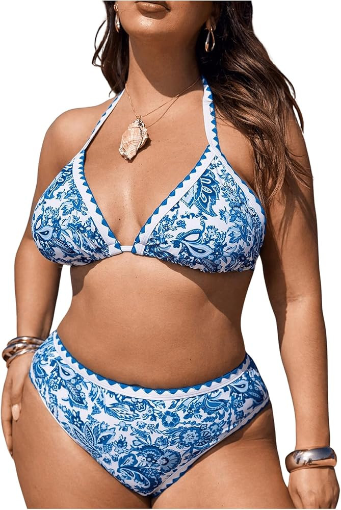 OYOANGLE Women's Plus Size 2 Piece Boho Printed Bikini Swimsuit Triangle Halter Bathing Suit High... | Amazon (US)