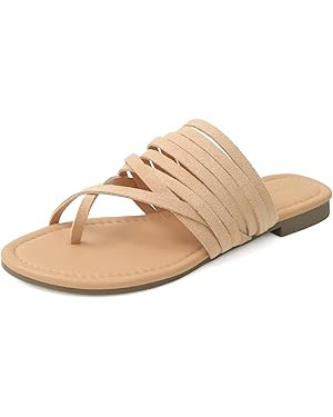 Shoe'N Tale Women's Flat Sandals Fashion Slides Flip Flops Strappy Open Toe Slip On Dressy Shoes | Amazon (US)