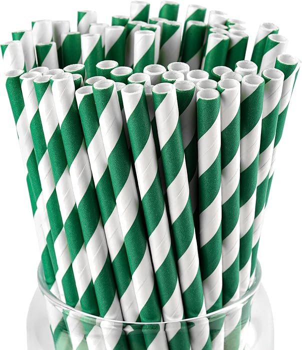 [100 Pack] Green Straws, Disposable Paper Straws Green and White Striped for Cocktails, Milkshake... | Amazon (US)