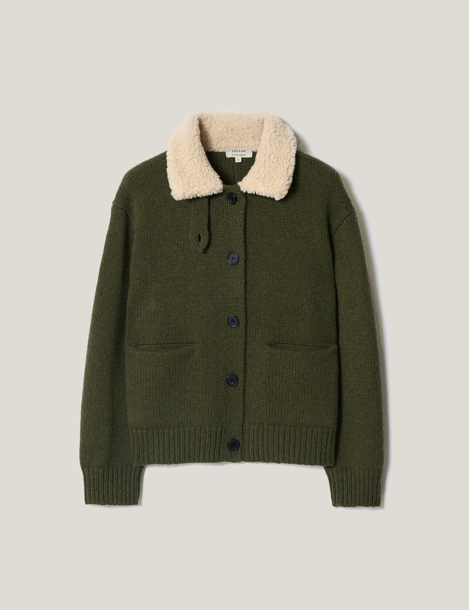 Sherpa Collar Cardigan | Khaki | Jigsaw (UK)