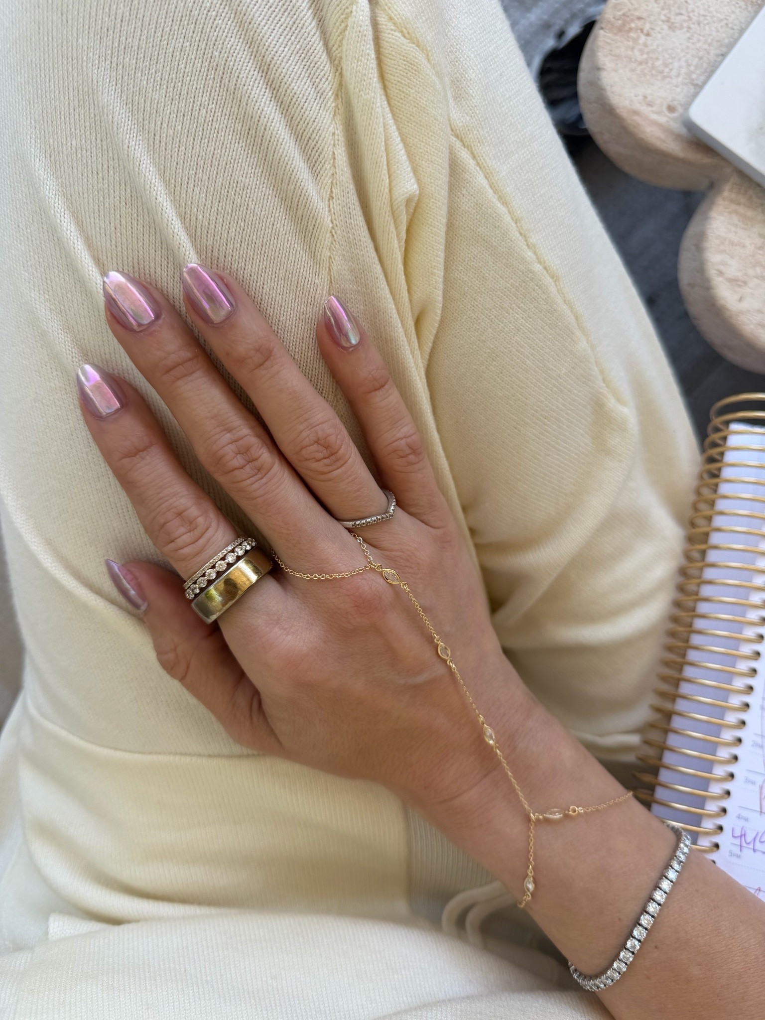 I absolutely love this cats eye pink nail finish. They are short oval. This color is 2B Oyster. 

I also tagged up my gold hand chain and other jewelry.

Also tagged the set, the color says beige but it’s definitely butter yellow in person.

#LTKselfcare #LTKBeauty