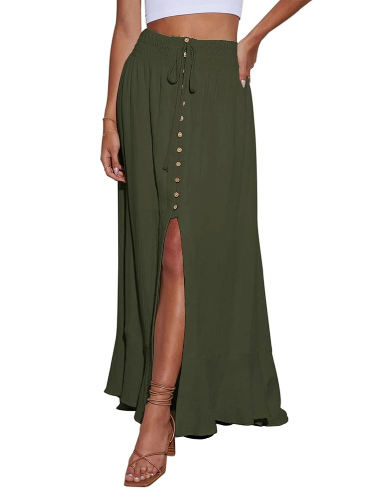 Minclouse Women's Elastic Tie Waist Button Down Maxi Skirts Casual Loose Flowy Swing Slit Front D... | Amazon (US)