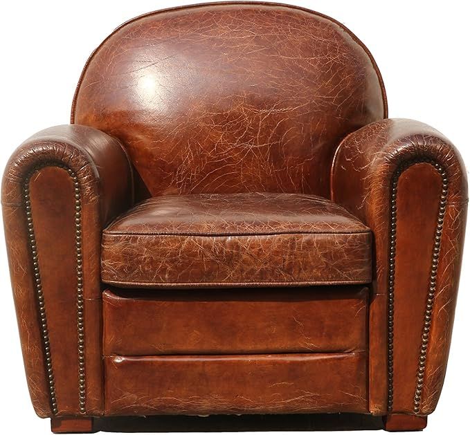 Pasargad Home Paris Club Collection Top Grain Leather Upholstered Armchair - Brown, 35" Width | A... | Amazon (US)